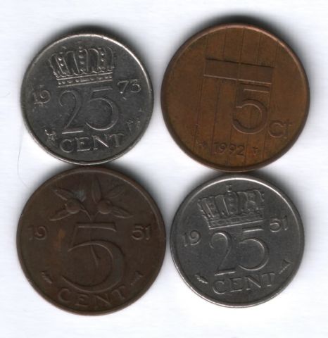 Набор монет Нидерланды 1951-1992 г. 4 шт.