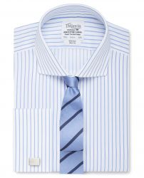 Мужская рубашка под запонки белая в синюю полоску T.M.Lewin не мнущаяся Non Iron приталенная Slim Fit (53871)