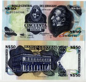 Уругвай 50 новых песо. 1987-1989 гг. UNC пресс Генерал Хосе Хервасио Артигас
