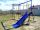 Спортивный комплекс для установки на дачной площадке веселый непоседа с пластиковым скатом горки и качелями со спинкой детский сине желтый сетка