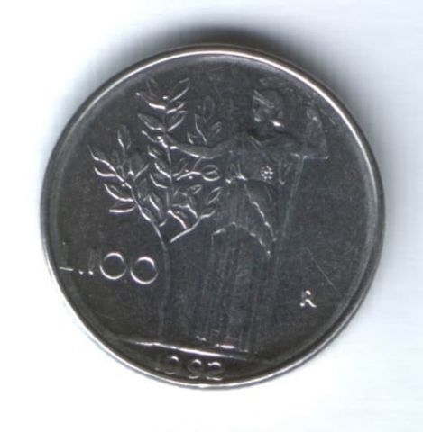 100 лир 1992 г. Италия