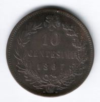 10 чентезимо 1867 г. OM, XF+, Италия