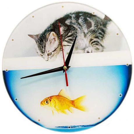 Часы стеклянные Котенок с рыбкой