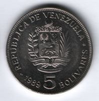 5 боливаров 1989 г. Венесуэла AUNC