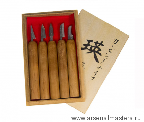 Набор японских резцов 5 шт Akira El-5  для резьбы мелких деталей и геометрической резьбы в деревянной коробке Miki Tool  М00013142