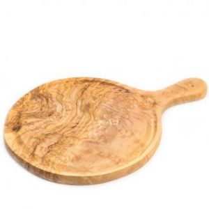 Деревянная разделочная доска для кухни и подачи блюд из оливкового дерева с желобком и ручкой круглая 43хd30 см (Тунис) Олива127
