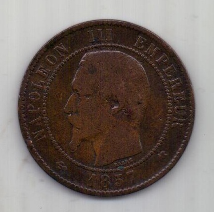 10 сантимов 1857 г. редкий тип. К. Франция