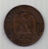 10 сантимов 1857 г. редкий тип. К. Франция