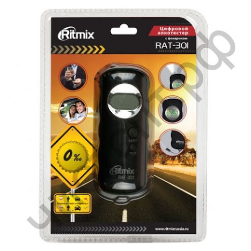 Алкотестер RITMIX RAT-301. 2 x ААA. полупроводниковый.  подготов: 10 с. измерения: 10 с.  фонарик, автоматическое выключение питания.