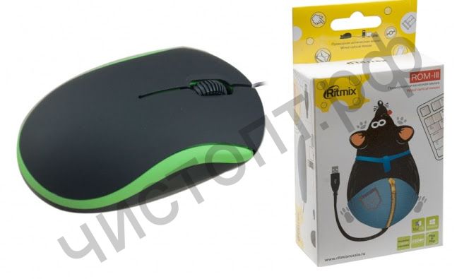 Мышь провод.USB RITMIX ROM-111 черная/зеленая. 800 dpi. Кнопок: 2 + колес кнопка. кабеля 1,2 м. Windows 7, Vista, XP, Mac OS.