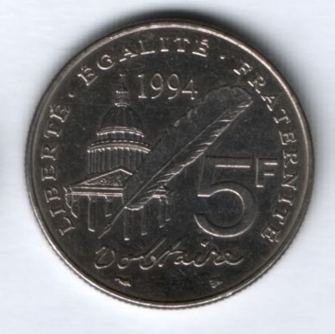 5 франков 1994 г. Франция, Вольтер