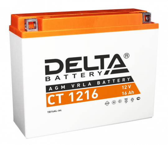 Мото аккумулятор АКБ Delta (Дельта) CT 1216 о.п. 16Ач YB16AL-A2