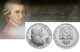 Чехословакия 100 крон (серебро 13 гр, Вольфганг Моцарт) 1991 год UNC