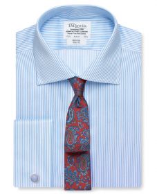 Мужская рубашка под запонки в светло-синюю полоску  T.M.Lewin не мнущаяся Non Iron приталенная Slim Fit (53789)
