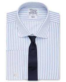 Мужская рубашка под запонки белая в синюю полоску T.M.Lewin не мнущаяся Non Iron приталенная Slim Fit (55196)