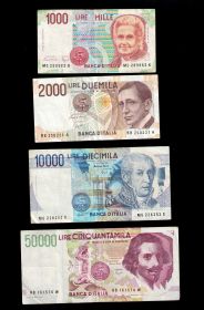 63000 лир банкноты Италия 4 штуки 1000,2000,10000 и 50000 лир 1984-1992 год