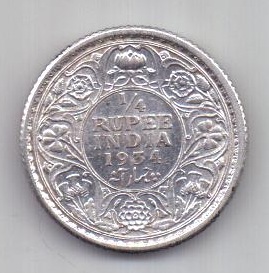 1/4 рупии 1934 г. AUNC Индия. Великобритания