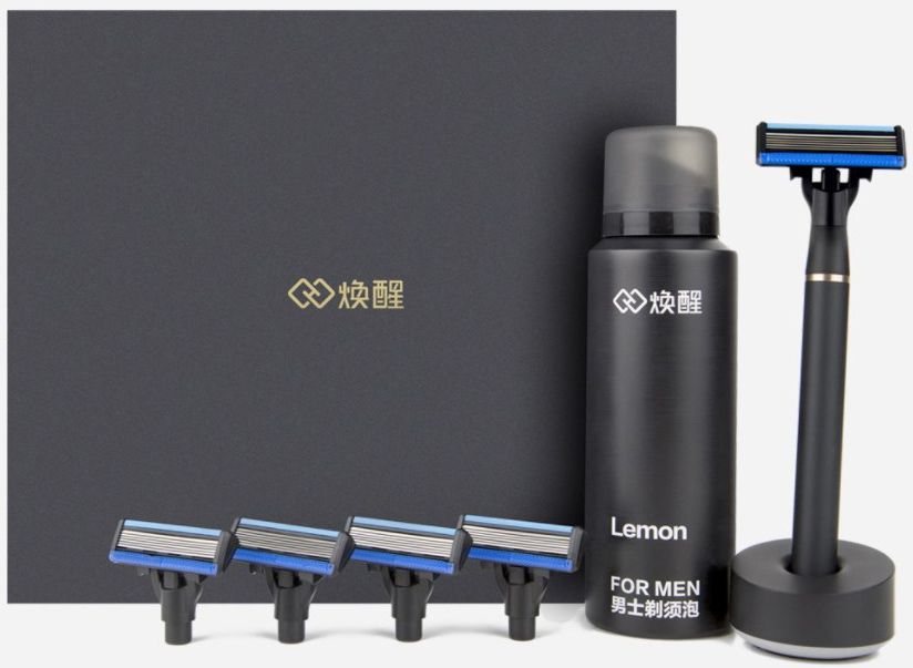Набор Xiaomi пена, подставка, бритвенный станок Lemon H600-8 (Станок + 4 кассеты + Пена для бритья)