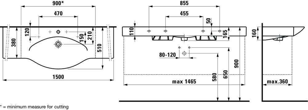 Длинная раковина-консоль Laufen Palace с двумя крыльями 150х51 схема 2