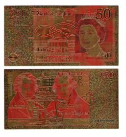 Позолоченная купюра 50 Фунтов Великобритания Цветная Банкнота под золото (Бона) Отличное качество!