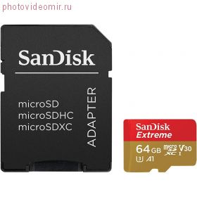 Карта памяти Sandisk Extreme microSDXC 64Gb UHS-I U3 V30 A1 + ADP (100/60 MB/s), SDSQXAF-064G-GN6MA