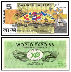 Австралия 5 долларов 1988 г. WORLD EXPO. UNC. оригинал!