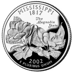 25 центов США 2002г - Миссисипи, UNC - Серия Штаты и территории
