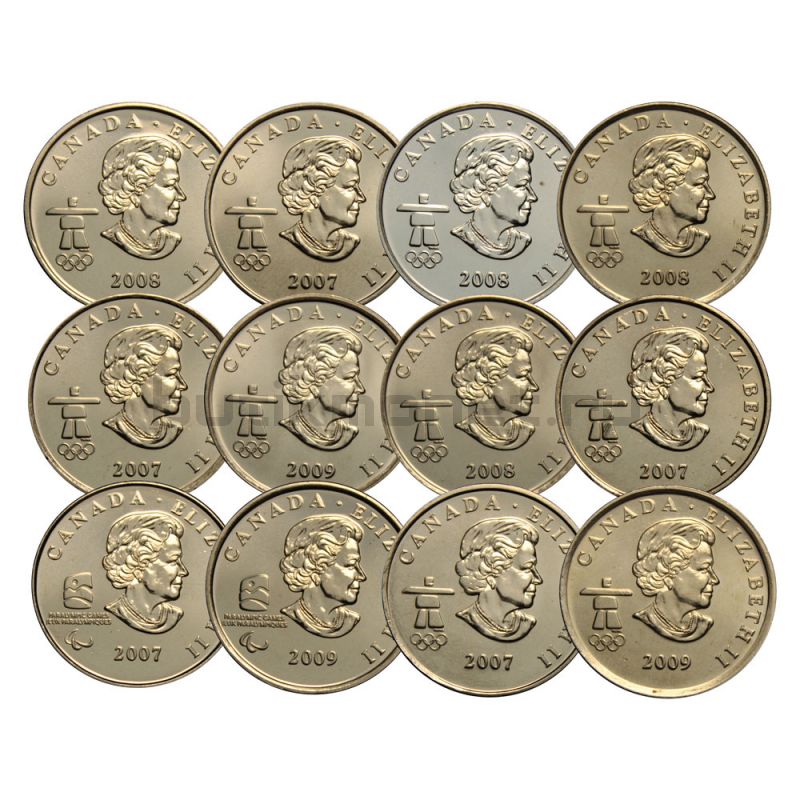 Набор 25 центов 2007-2009 Канада Олимпийские игры в Ванкувере (12 монет)