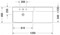 Асимметричная раковина Duravit P3 Comforts над стиральной машиной 233312 125х49,5 см схема 1