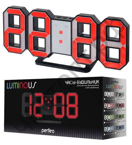 Часы  эл. сетев. Perfeo LED "LUMINOUS", будильн., настол/настен. ,черный корпус /красная подсветка питан. USB  (PF-5197) (5В)