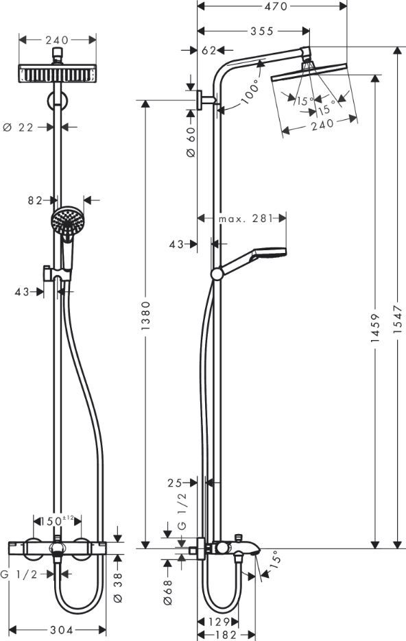 Душевая стойка с изливом Hansgrohe Crometta E Showerpipe 240 1jet 27298000 схема 2