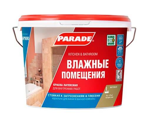 Краска латекс. PARADE W100 Влажные помещения база А 9л Цвет J500