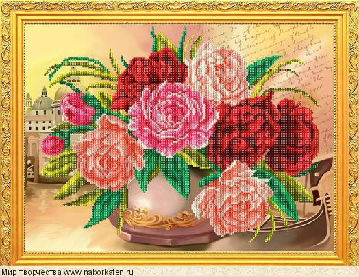 Алмазная вышивка «Красные и розовые пионы в вазе на подоконнике»