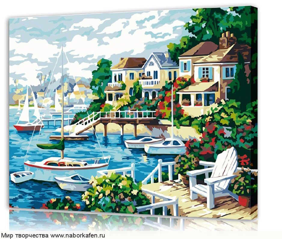 Алмазная вышивка «Курортный городок с причалом для яхт»