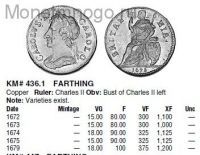1 фартинг 1672 года Великобритания, цены в $ по каталогу Краузе