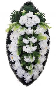 Фото Ритуальный венок из искусственных цветов - Классика #07 белый с хризантемами и розами