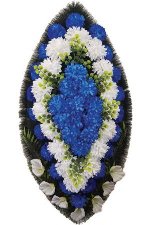Фото Ритуальный венок из искусственных цветов - Классика #14 сине-белый из гвоздик и лилий