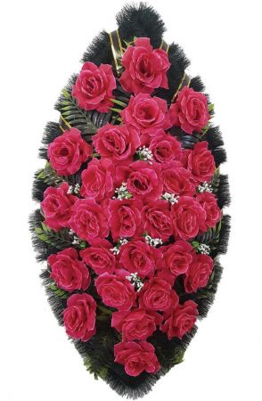 Фото Ритуальный венок из искусственных цветов - Классика #19 алый из роз и зелени
