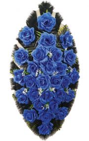 Фото Ритуальный венок из искусственных цветов - Классика #24 из синих роз и зелени
