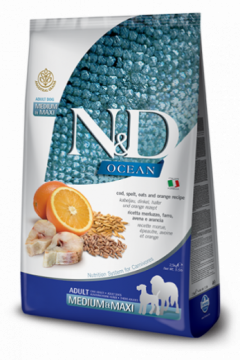 N&D Ocean Codfish, Spelt, Oats & Orange medium&maxi adult (треска с пшеницей, овсом и апельсином для собак средних и крупных пород)