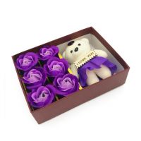 Мыльные розы 6 шт в коробке с мишкой (цвет фиолетовый градиент)