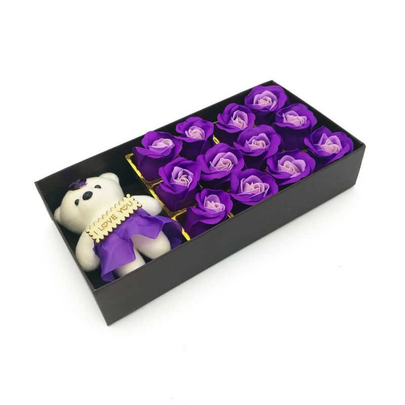 Мыльные розы 12 шт в коробке с мишкой (цвет фиолетовый градиент)