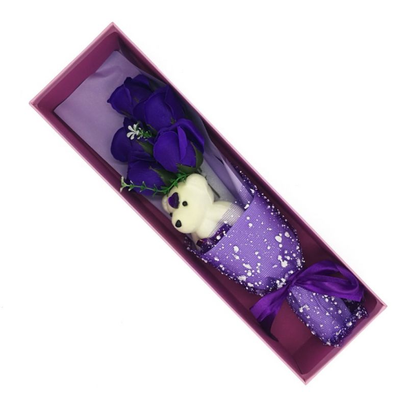 Букет мыльных роз с мишкой в коробке (цвет фиолетовый)
