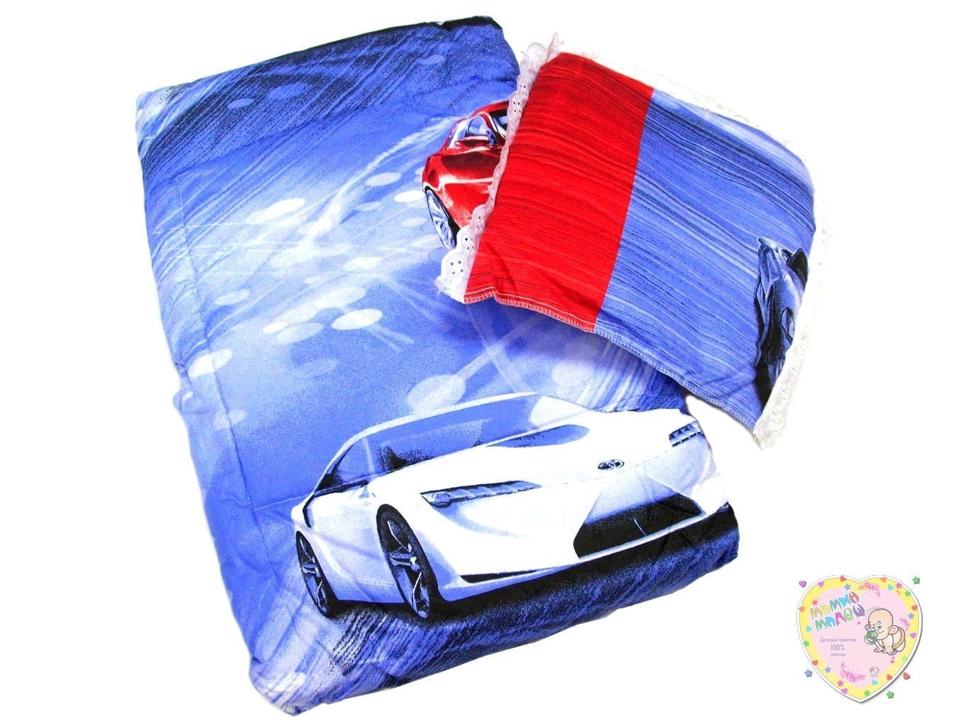 Комплект в кроватку: одеяло, подушка (синий с машинами) Мамин Малыш OPTMM.RU