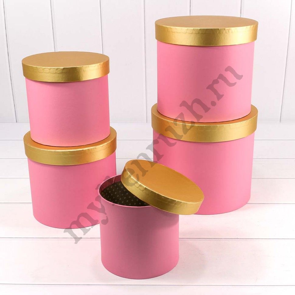 Коробки цилиндр, набор 5 в 1, розовый с золотой крышкой