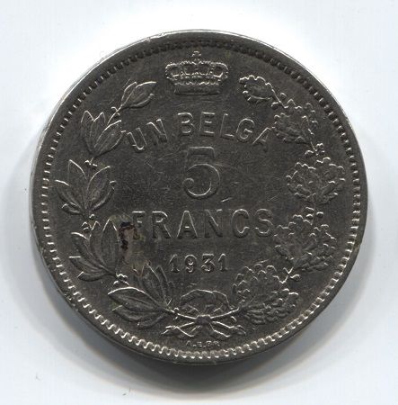 5 франков 1931 года Бельгия DES BELGES
