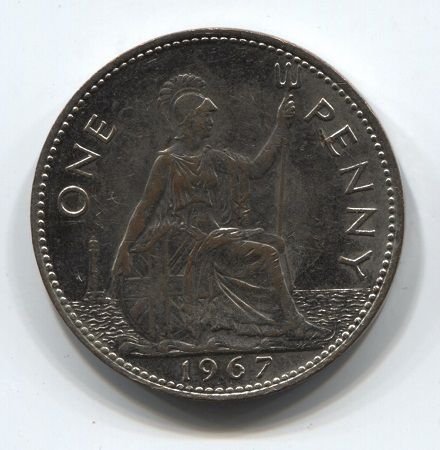 1 пенни 1967 года Великобритания, покрытие из белого металла