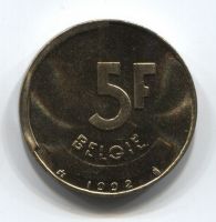5 франков 1992 года Бельгия UNC
