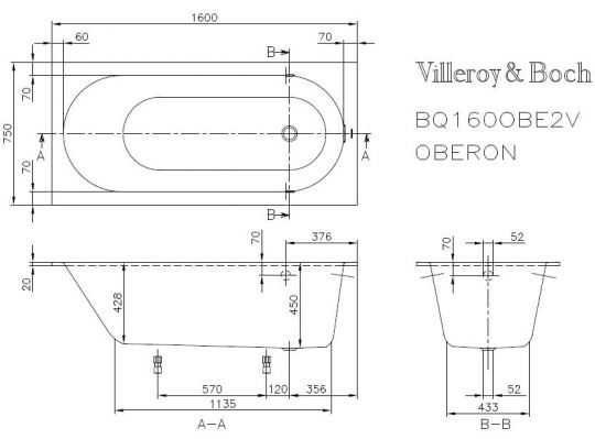 Ванна квариловая Villeroy&Boch Oberon UBQ160OBE2V-01 схема 2