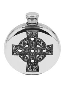 Фляжка из британского пьютера круглая - Кельтский Крест, Celtic Cross 6oz Pewter Hip Flask.